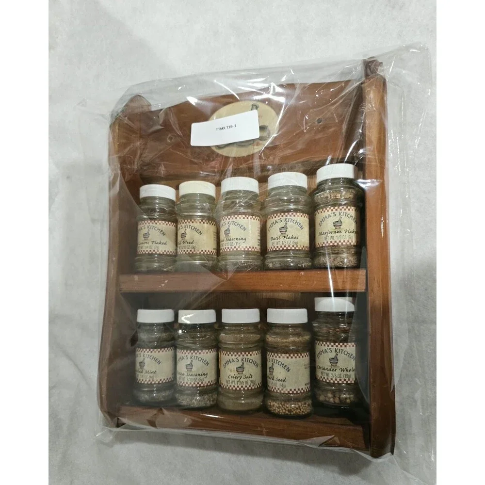 Vintage Emma's Kitchen Wooden Spice Rack 2 Tier Wall Mount 10 Glass Jars MCM